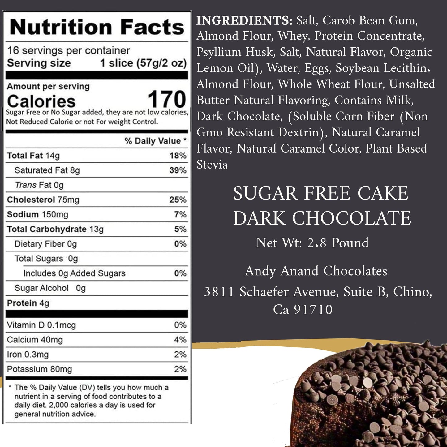 Andy Anand Sugar Free Chocolate Chip Cake - Divine dark chocolate chip Cake Delight - Best Birthday Cakes Delivery From Bakery (2.8 lbs)