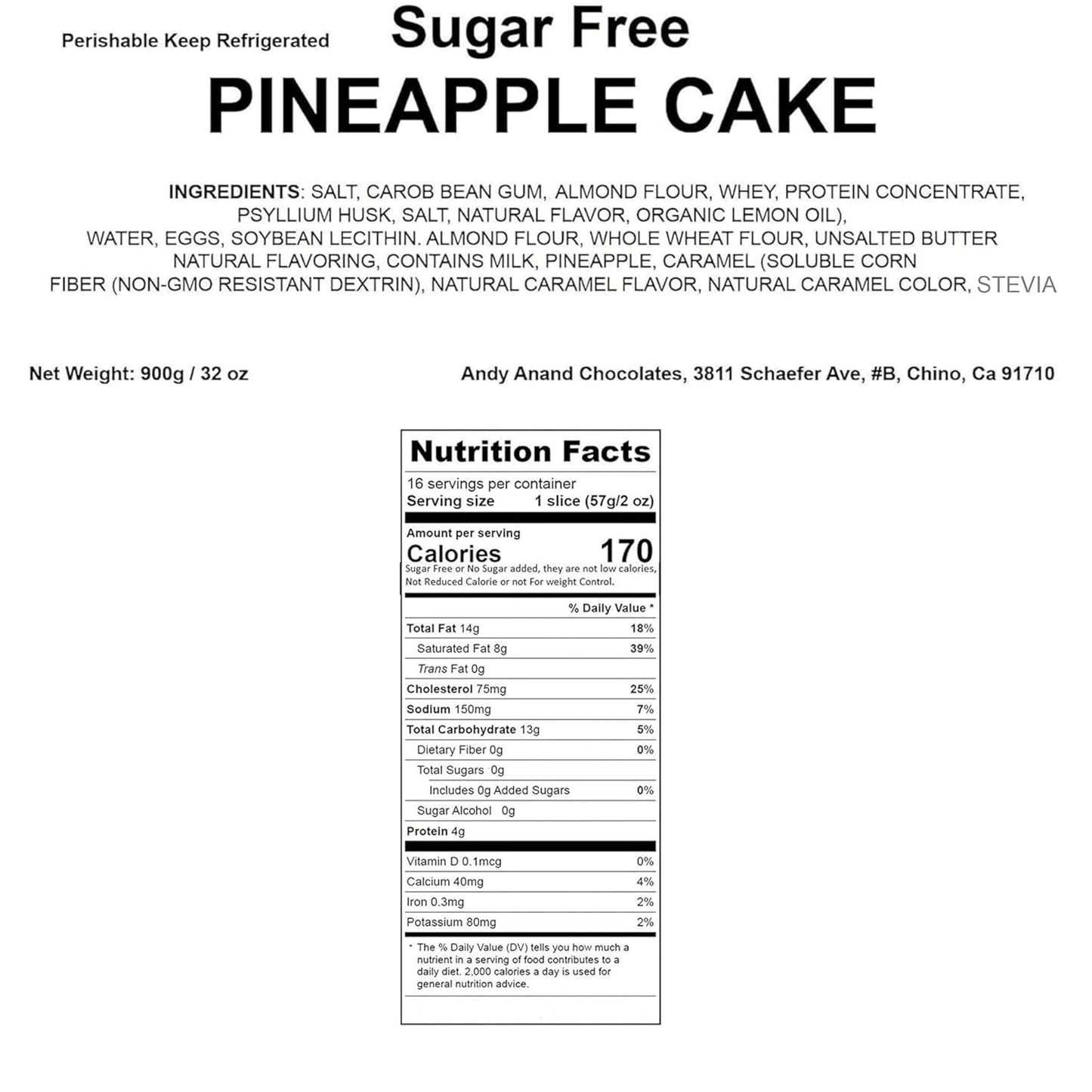 Andy Anand Sugar-Free Pineapple Cake, 9-Inch, 2 lb – Diabetic-Friendly, All-Natural, No Preservatives, Freshly Baked Luxurious Birthday Gift