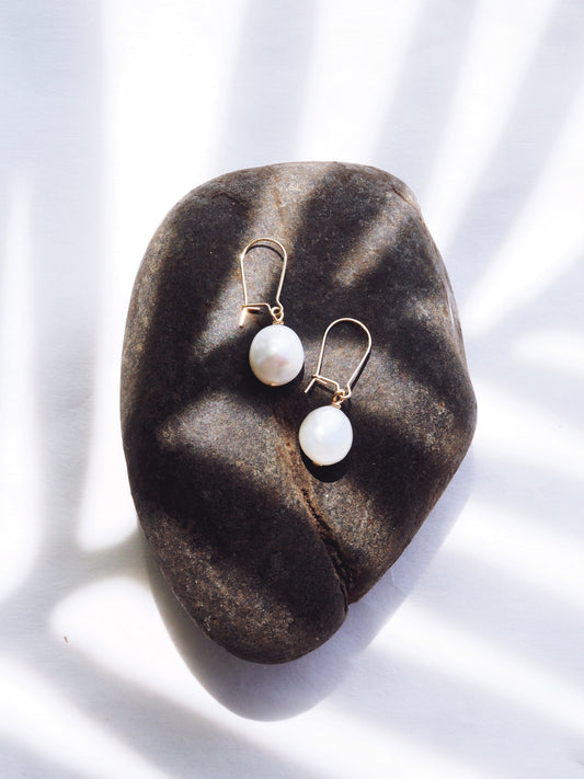 White Freshwater Pearl Drop Earrings - Gold Haukea