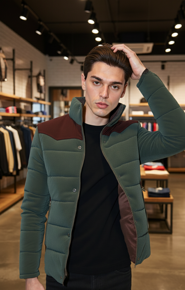 Mens Stand Collar Puffer Jacket in Navy Blue