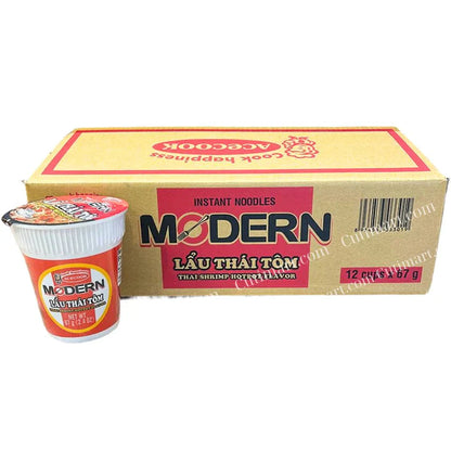 Acecook Modern Shrimp Instant Noodle Cups (Mì Modern Lẩu Thái Tôm) - (1 Box/12 Cups) - 67g