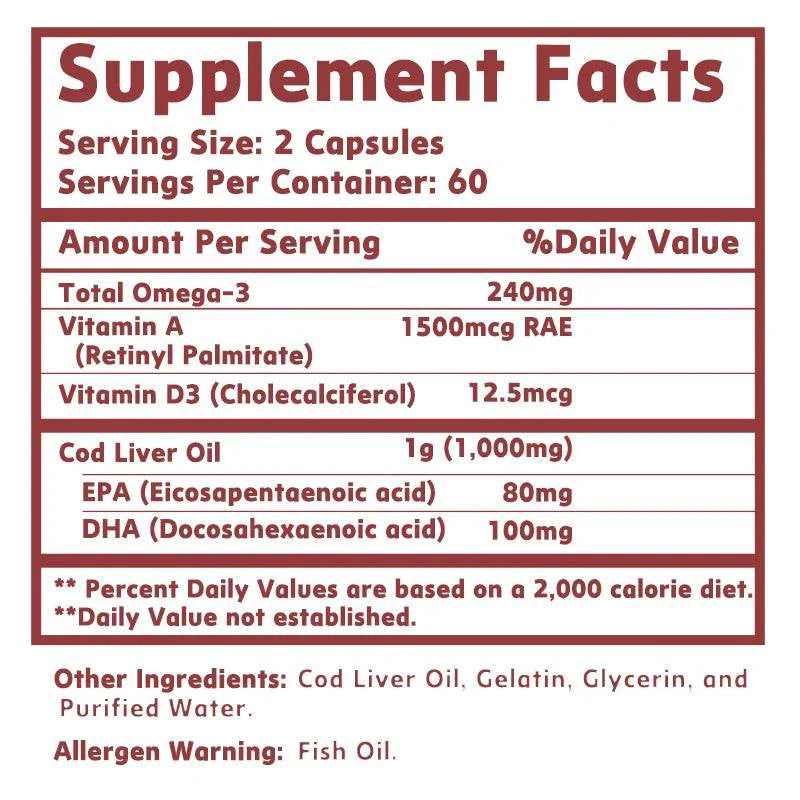 Cod Liver Oil - Heart Joint Brain & Immune Support - Omega 3 EPA/DHA - 120 Capsules