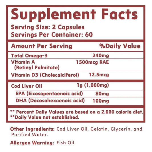 Cod Liver Oil - Heart Joint Brain & Immune Support - Omega 3 EPA/DHA - 120 Capsules