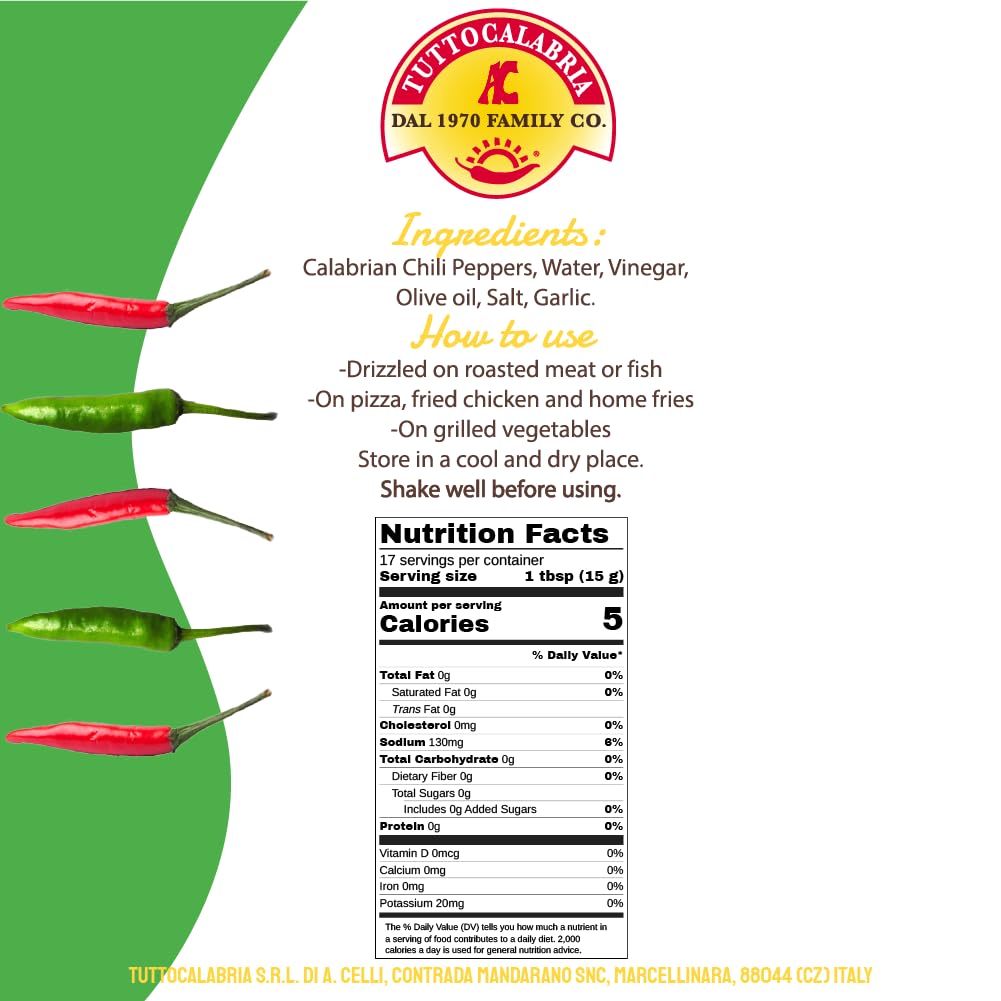 TuttoCalabria Calabrian Chili Hot Sauce “Hot & Tangy” – 8.8 oz (250 ml)