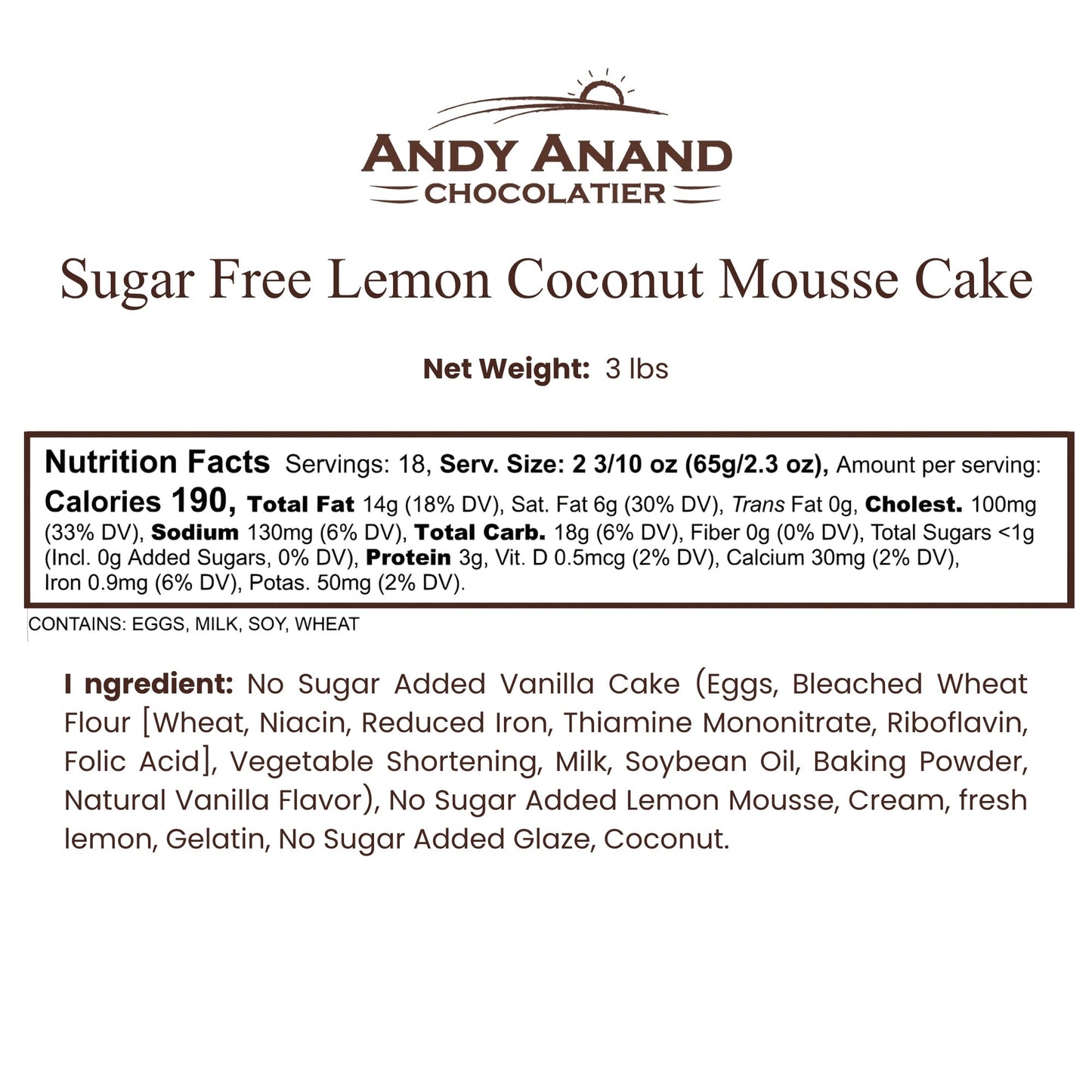 Andy Anand Sugar-Free Coconut Lemon Mousse Cake, 3 lb – Keto & Diabetic-Friendly, Freshly Baked, No Preservatives, Birthday Gift Box