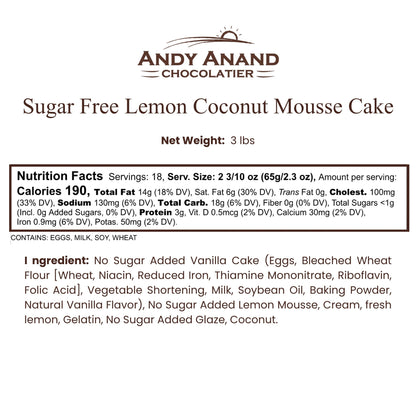 Andy Anand Sugar-Free Coconut Lemon Mousse Cake, 3 lb – Keto & Diabetic-Friendly, Freshly Baked, No Preservatives, Birthday Gift Box
