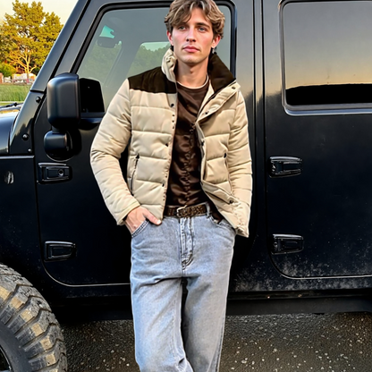 Mens Stand Collar Puffer Jacket in Navy Blue