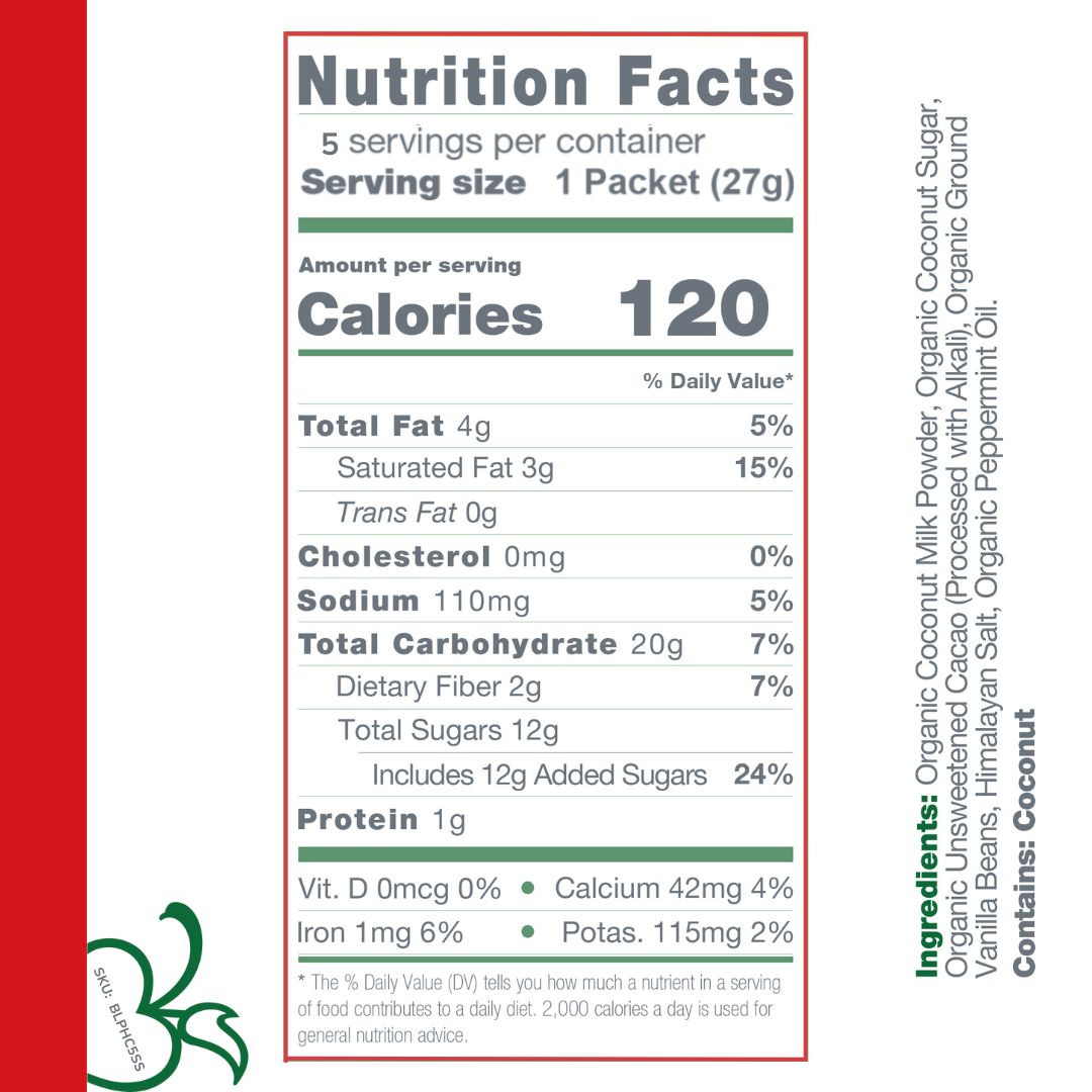 Instant Dairy Free Peppermint Hot Cocoa Mix  | Single Serving 5 Pack |Gluten Free, Vegan and Organic