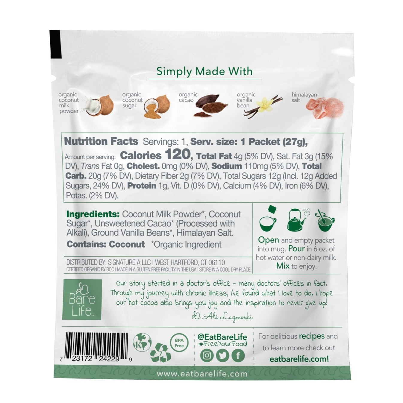 Instant Dairy Free Coconut Hot Cocoa Mix  | Single Serving 5 Pack |Gluten Free, Vegan and Organic