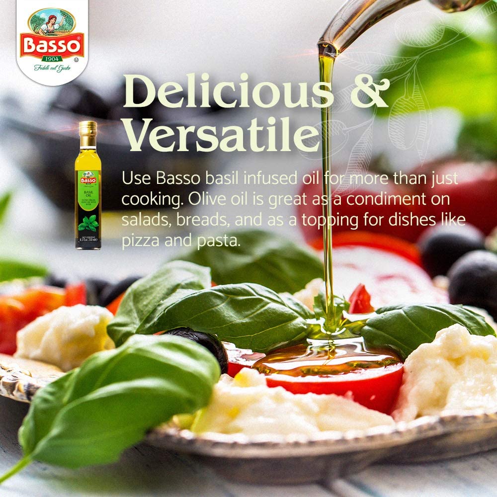 Basso 1904 Basil Infused Extra Virgin Olive Oil – Italian Finishing Oil – 8.5 fl oz (250 ml)