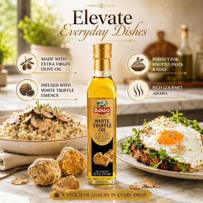 Basso 1904 White Truffle Infused Extra Virgin Olive Oil – Gourmet Finishing Oil – 250 ml (8.5 fl oz)