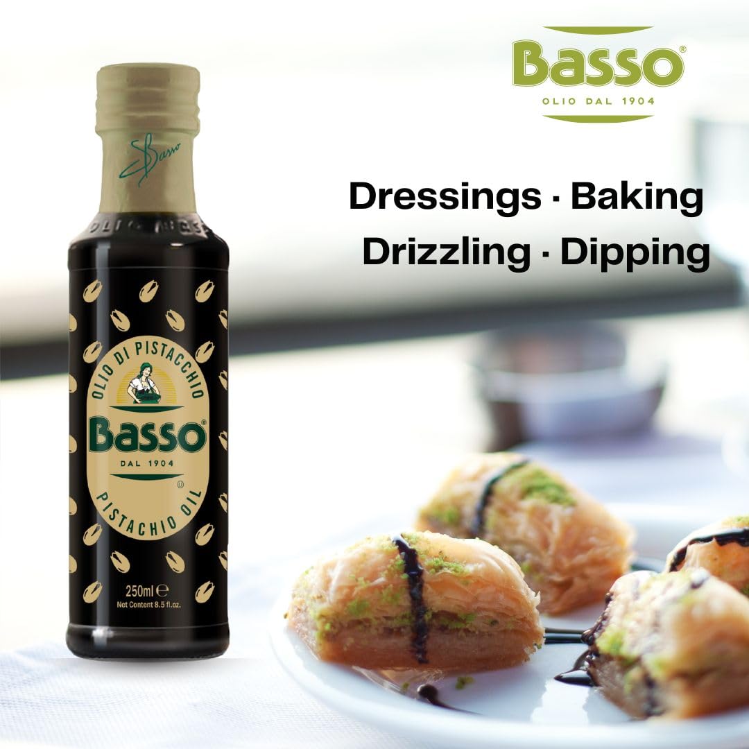 Basso 1904 100% Pistachio Oil – Cold-Pressed Italian Pistachio Oil for Dressings, Baking, Drizzling & Dipping – Product of Italy – 250ml