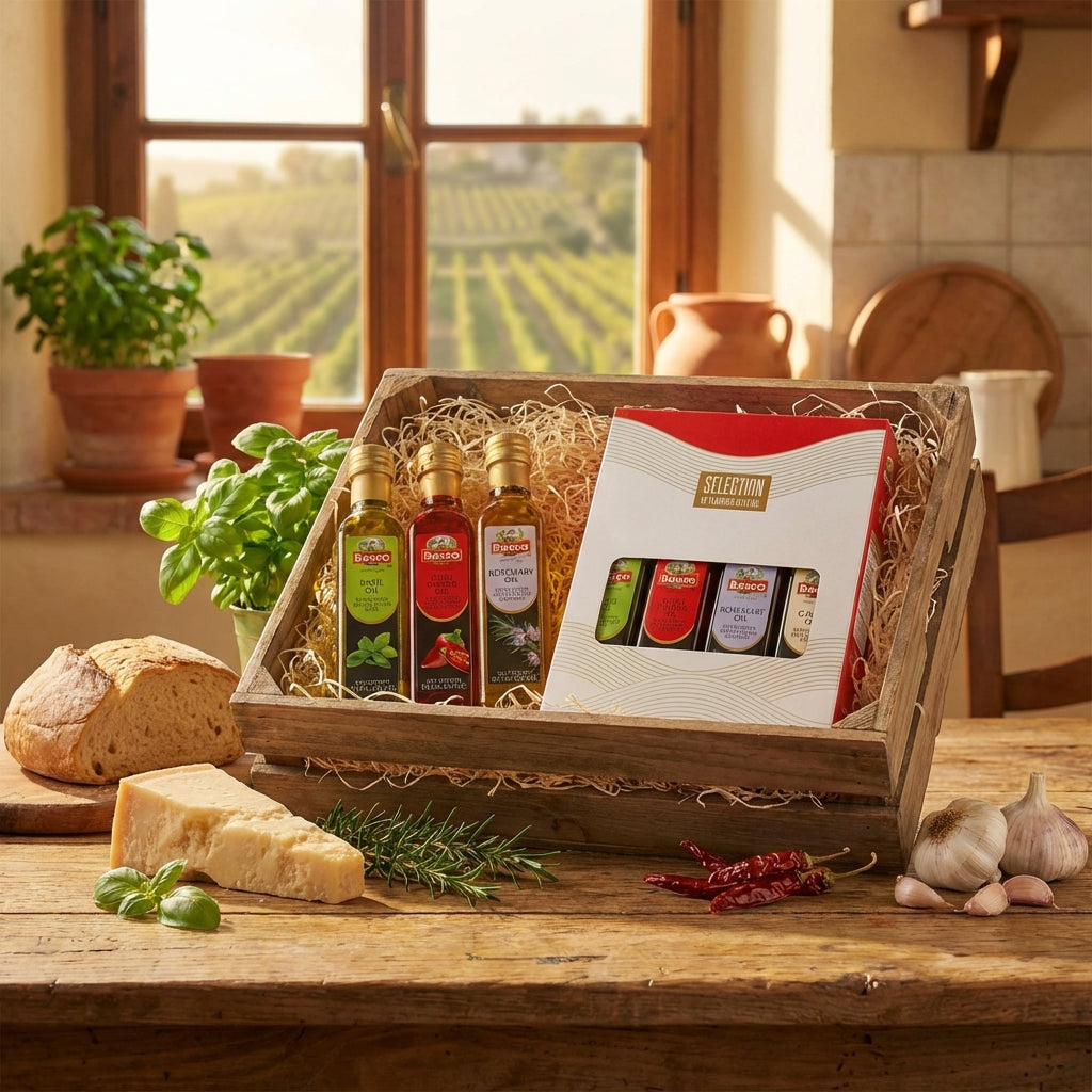 Basso 1904 Infused Extra Virgin Olive Oil Gift Set – Garlic, Chili, Rosemary & Basil – 4 x 8.5 fl oz (250 ml)