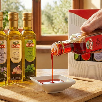 Basso 1904 Infused Extra Virgin Olive Oil Gift Set – Garlic, Chili Pepper, Rosemary, Basil – 4 x 8.5 fl oz (250 ml)