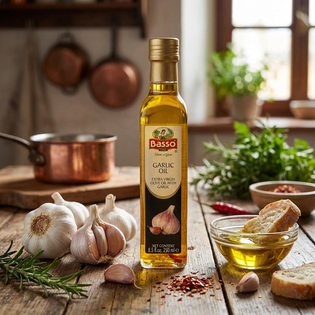 Basso 1904, Garlic Infused Extra Virgin Olive Oil – 8.5 fl oz (250 ml)