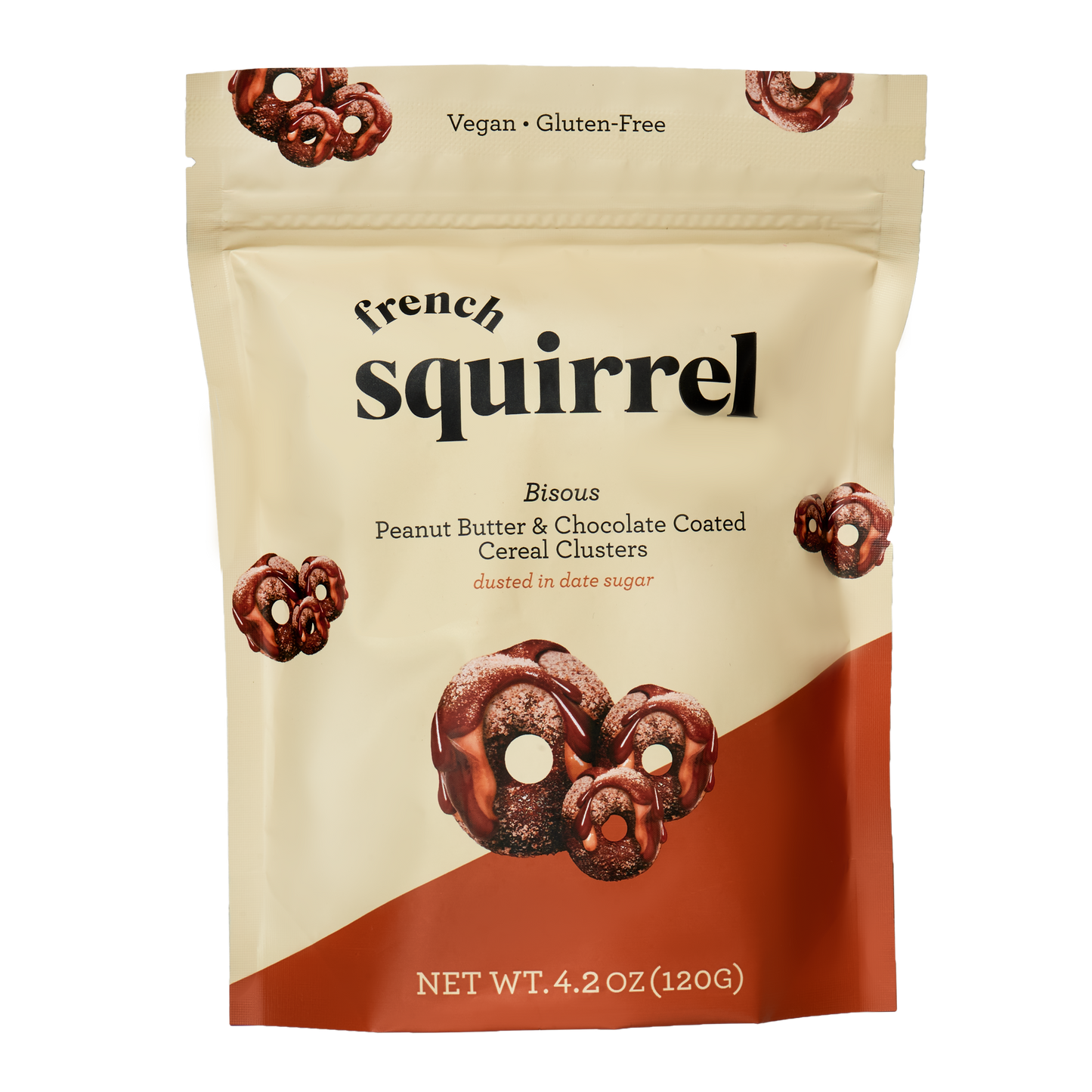 French Squirrel Bisous: Peanut Butter & Chocolate-Coated Gluten-Free Cereal Clusters Bag - 4 Bags case
