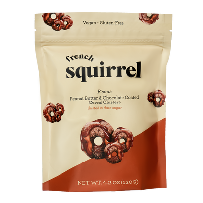 French Squirrel Bisous: Peanut Butter & Chocolate-Coated Gluten-Free Cereal Clusters Bag - 4 Bags case