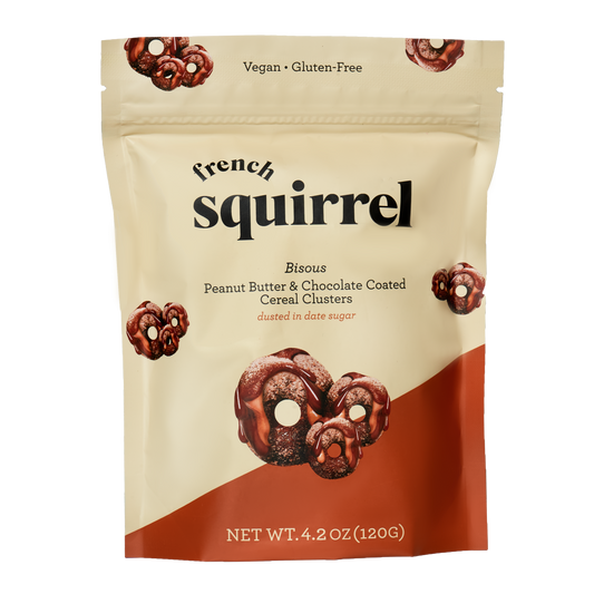 French Squirrel Bisous: Peanut Butter & Chocolate-Coated Gluten-Free Cereal Clusters Bag - 4 Bags case