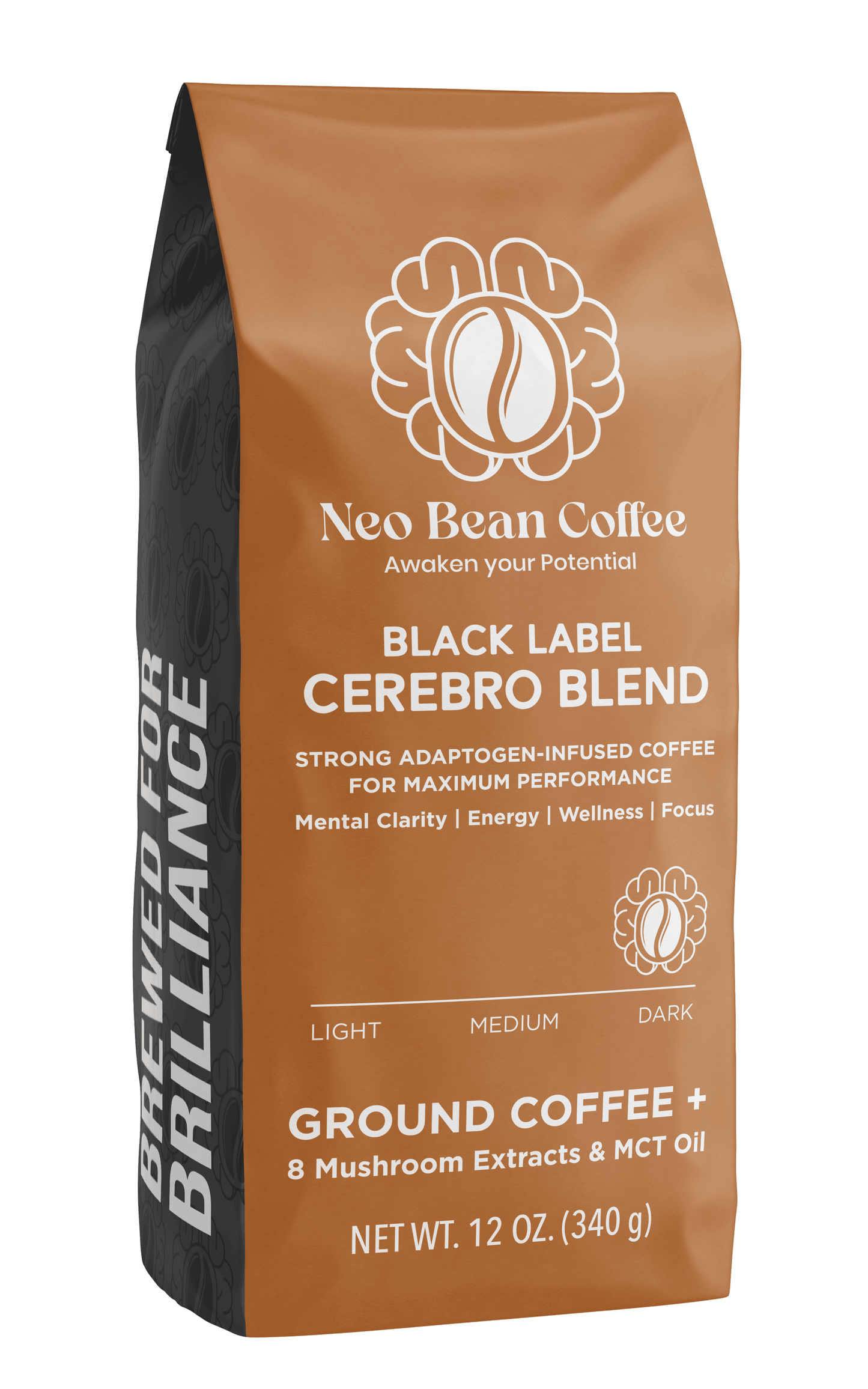 Neobean Black Label Cerebro Blend - Mushroom Coffee - Adaptogen Coffee with 8 Mushrooms & MCT Oil
