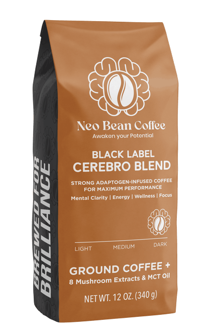 Neobean Black Label Cerebro Blend - Mushroom Coffee - Adaptogen Coffee with 8 Mushrooms & MCT Oil
