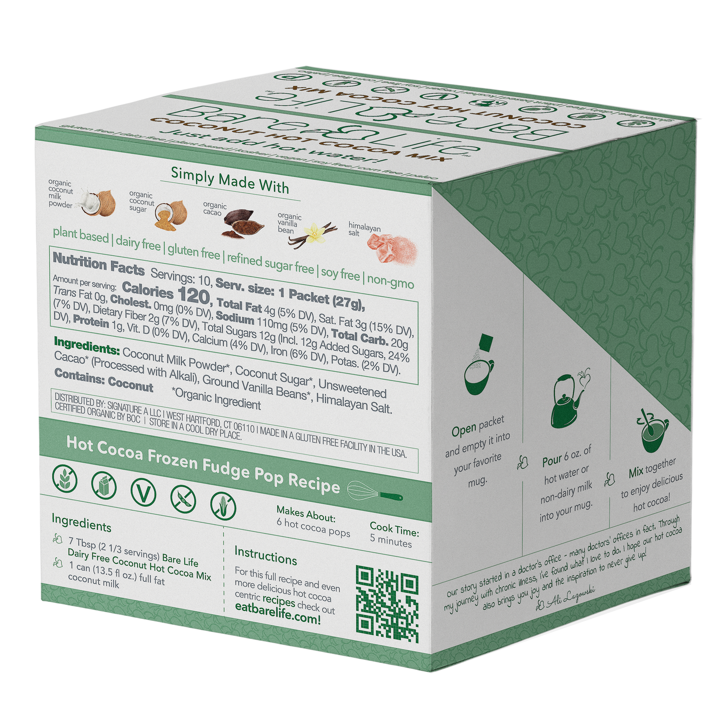Instant Dairy Free Coconut Hot Cocoa Mix  | Single Serving 10 Pack |Gluten Free, Vegan and Organic