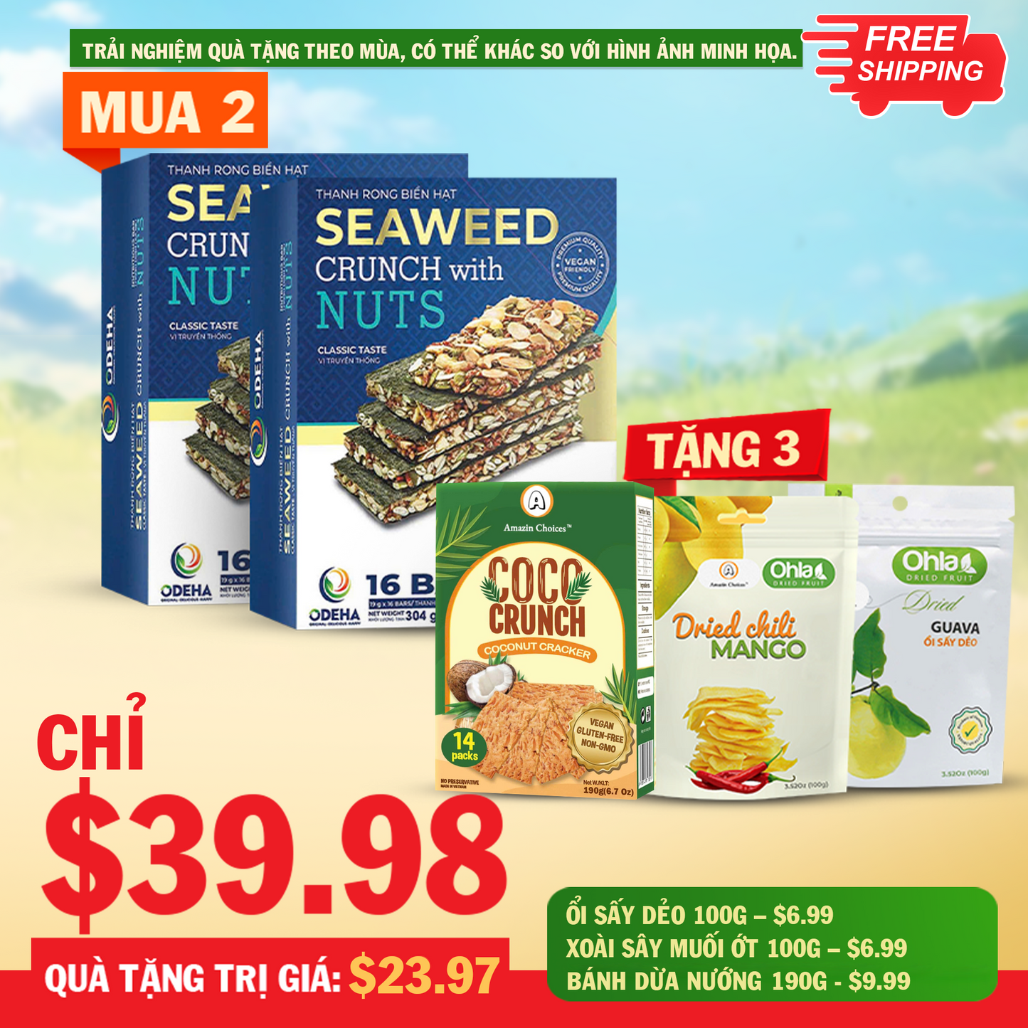 Amazin Choices Rong Biển Kẹp Hạt Cao Cấp 2 Hộp (32 Thanh) – Mua $39.98, Tặng Miễn Phí Bộ Quà Snack Việt ($20.97 Giá Trị): Xoài Cay Sấy Dẻo, Ổi Sấy Dẻo & Bánh Dừa Nướng
