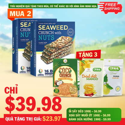 Amazin Choices Rong Biển Kẹp Hạt Cao Cấp 2 Hộp (32 Thanh) – Mua $39.98, Tặng Miễn Phí Bộ Quà Snack Việt ($20.97 Giá Trị): Xoài Cay Sấy Dẻo, Ổi Sấy Dẻo & Bánh Dừa Nướng