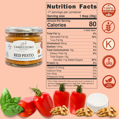 Campo D'Oro, Red Pesto Sauce, Sundried Tomato Pesto, 6.35 0oz