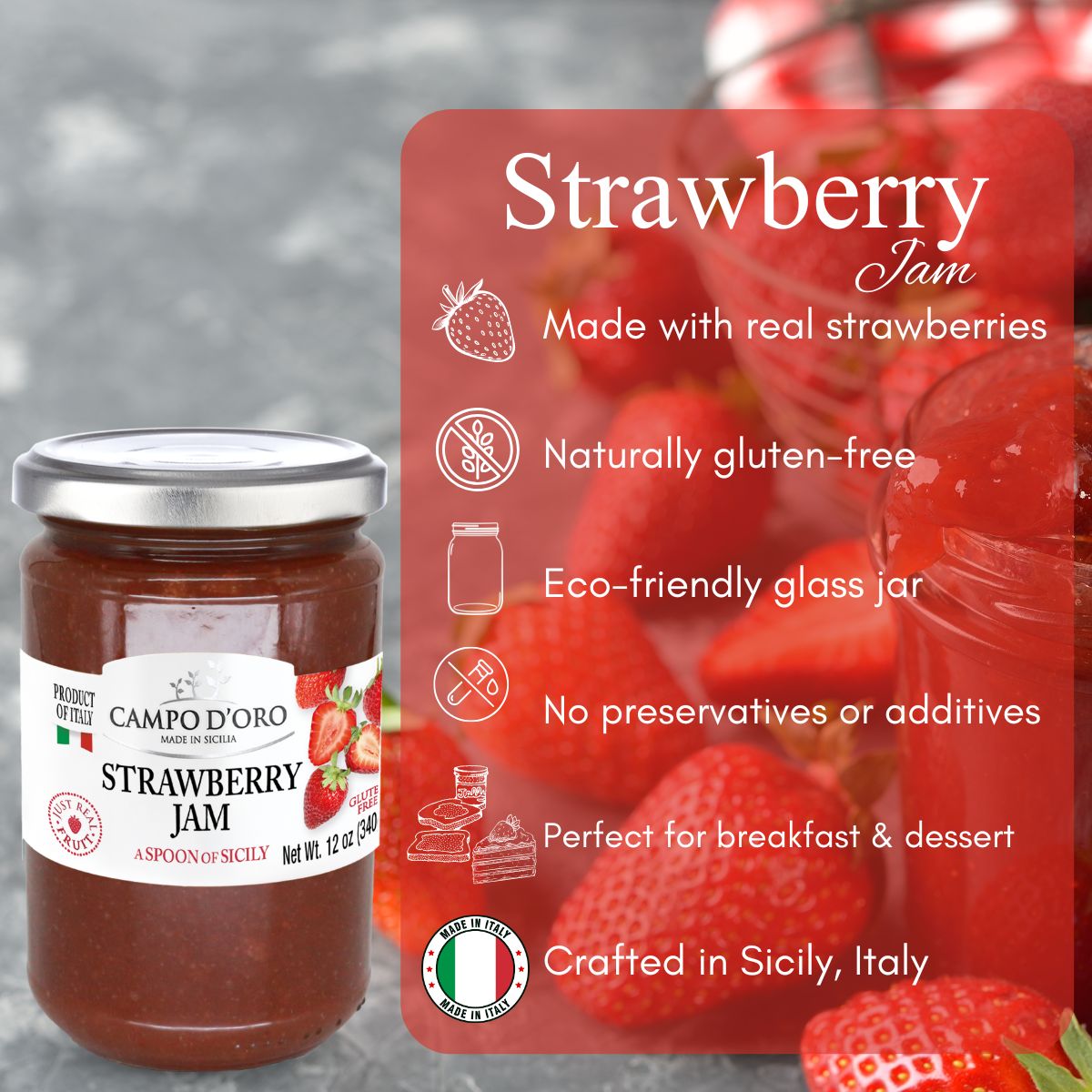 Campo D'Oro, Sicilian Strawberry Jam, 12 oz (340g)