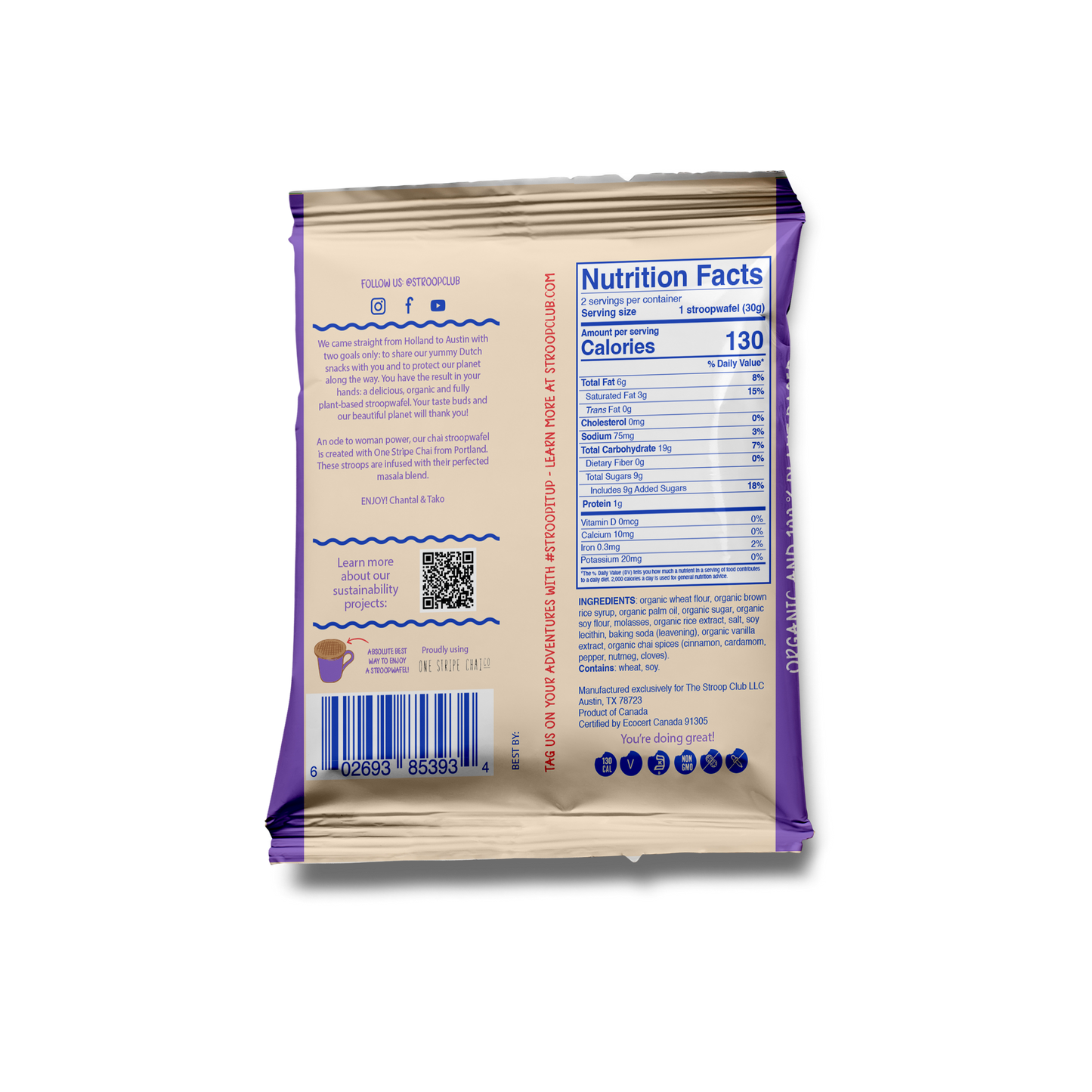 Stroop Club Chai Caramel Plant Based and Organic Stroopwafels Box - 12 packs x 2-pack case