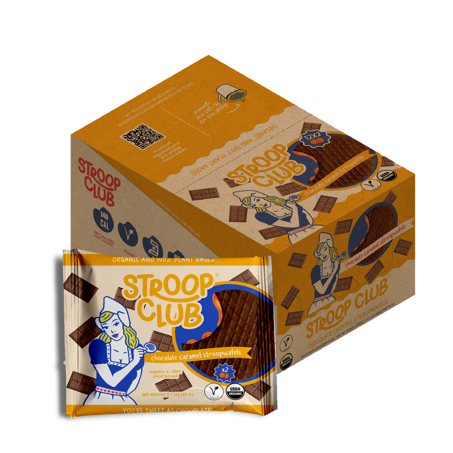 Stroop Club Chocolate Caramel Plant Based and Organic Stroopwafels Box - 12 packs x 2-pack case