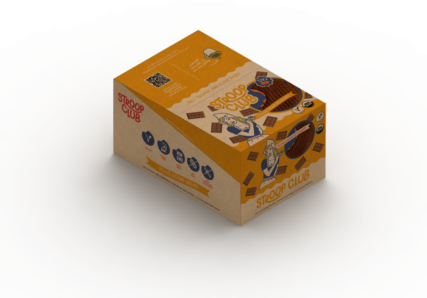 Stroop Club Chocolate Caramel Plant Based and Organic Stroopwafels Box - 12 packs x 2-pack case