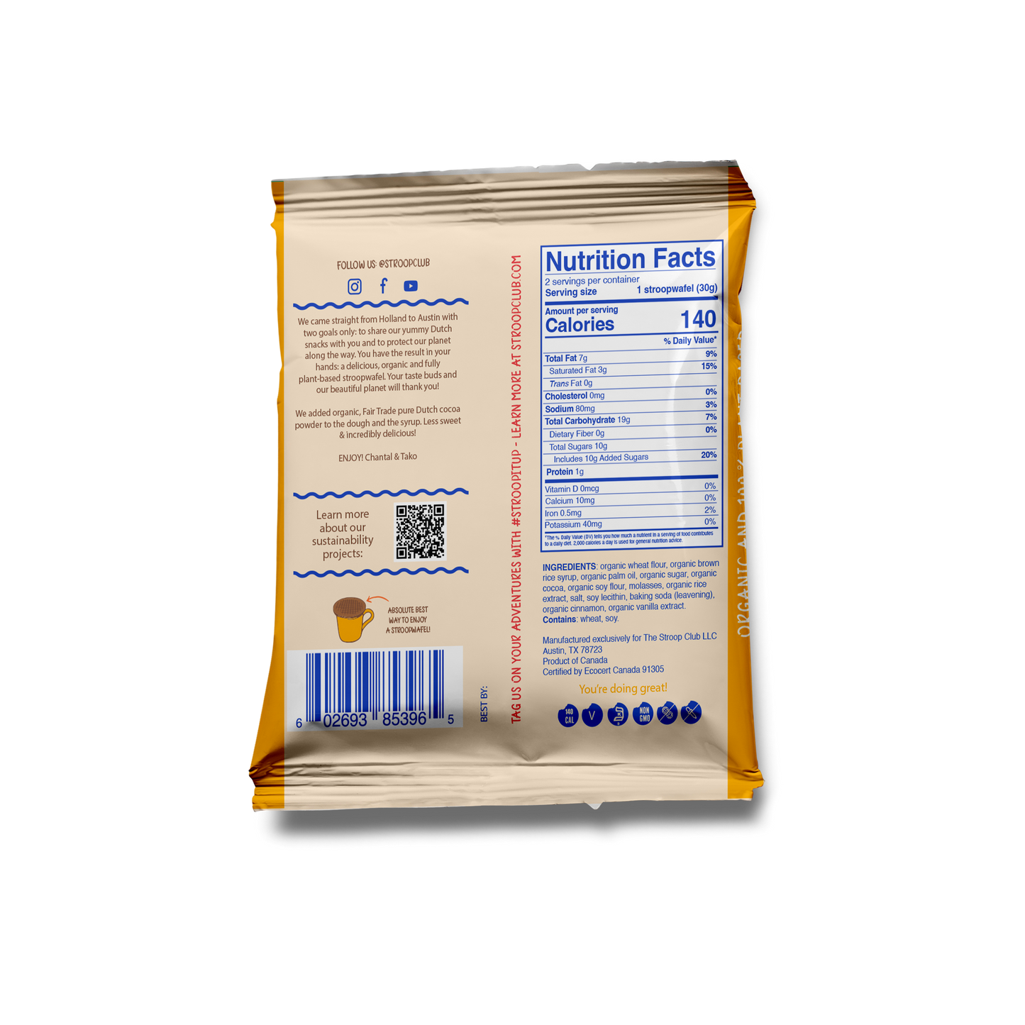 Stroop Club Chocolate Caramel Plant Based and Organic Stroopwafels Box - 12 packs x 2-pack case