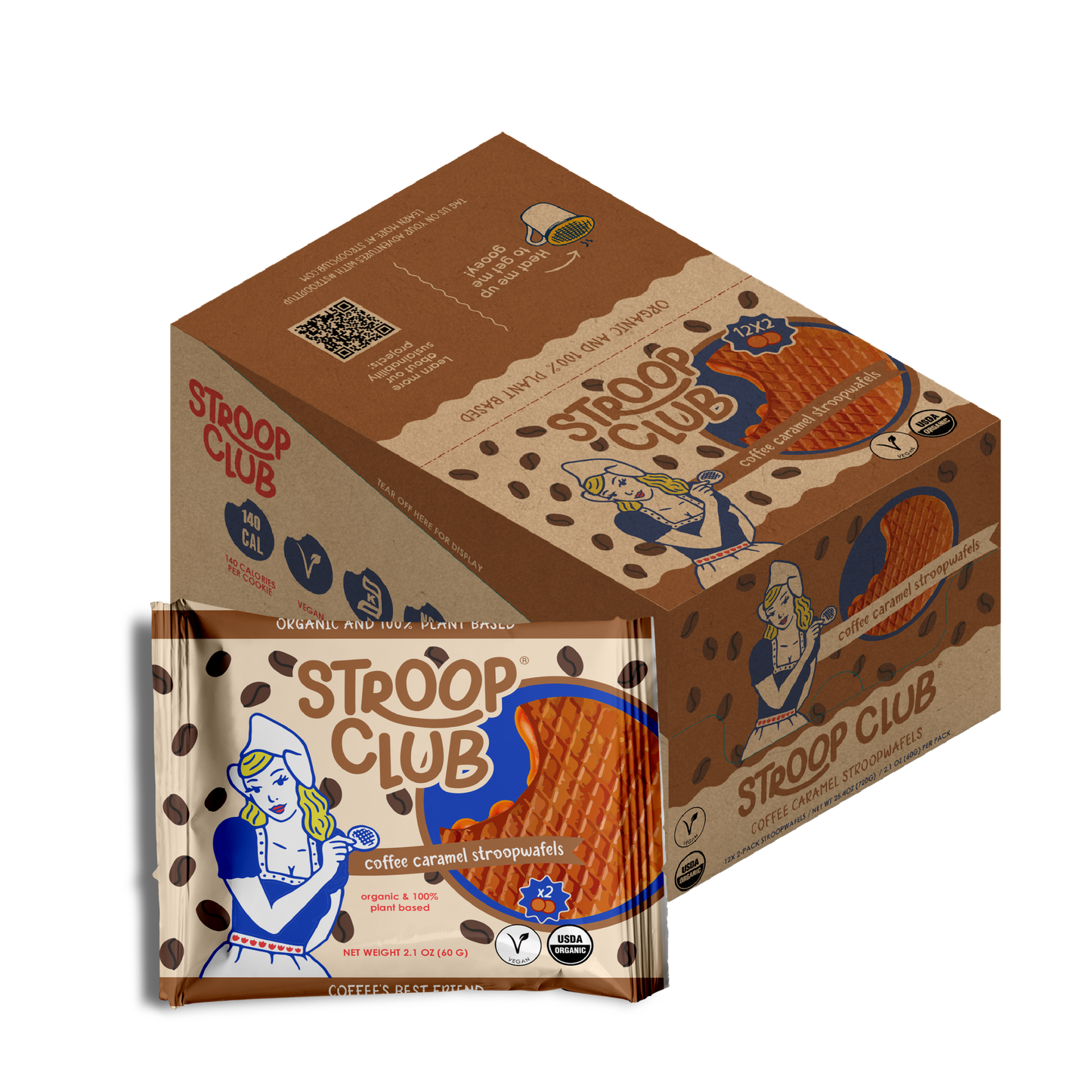 Stroop Club Coffee Caramel Plant Based and Organic Stroopwafels Box - 12 packs x 2-pack case