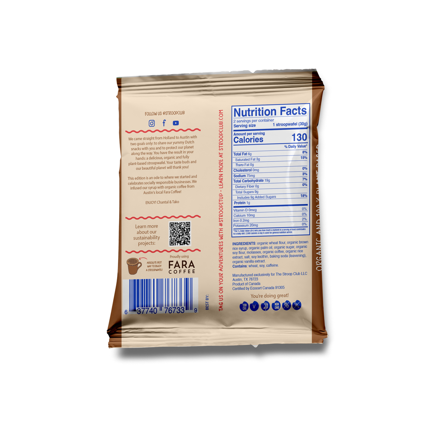 Stroop Club Coffee Caramel Plant Based and Organic Stroopwafels Box - 12 packs x 2-pack case