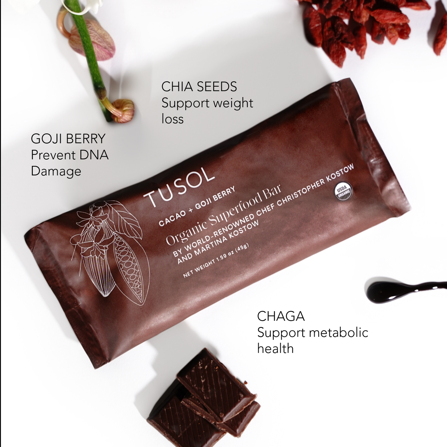 TUSOL Wellness Organic Cacao + Goji Berry Superfood Bar (24 Pack)