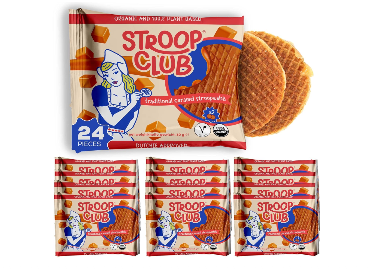 Stroop Club Traditional Caramel Plant Based and Organic Stroopwafels Box - 12 packs x 2-pack case