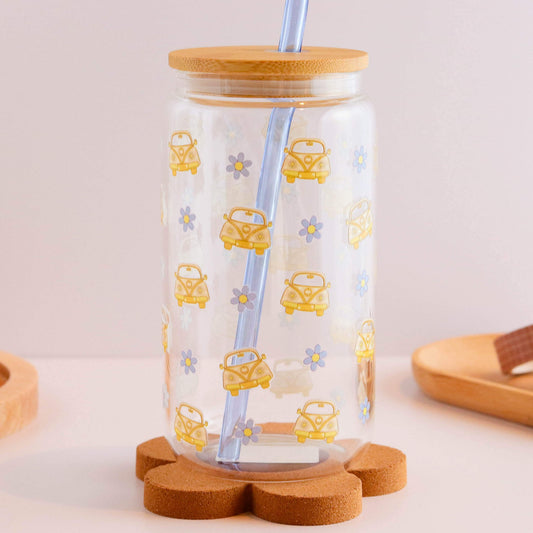 Cars and Daisies 16 oz Glass Cup Set