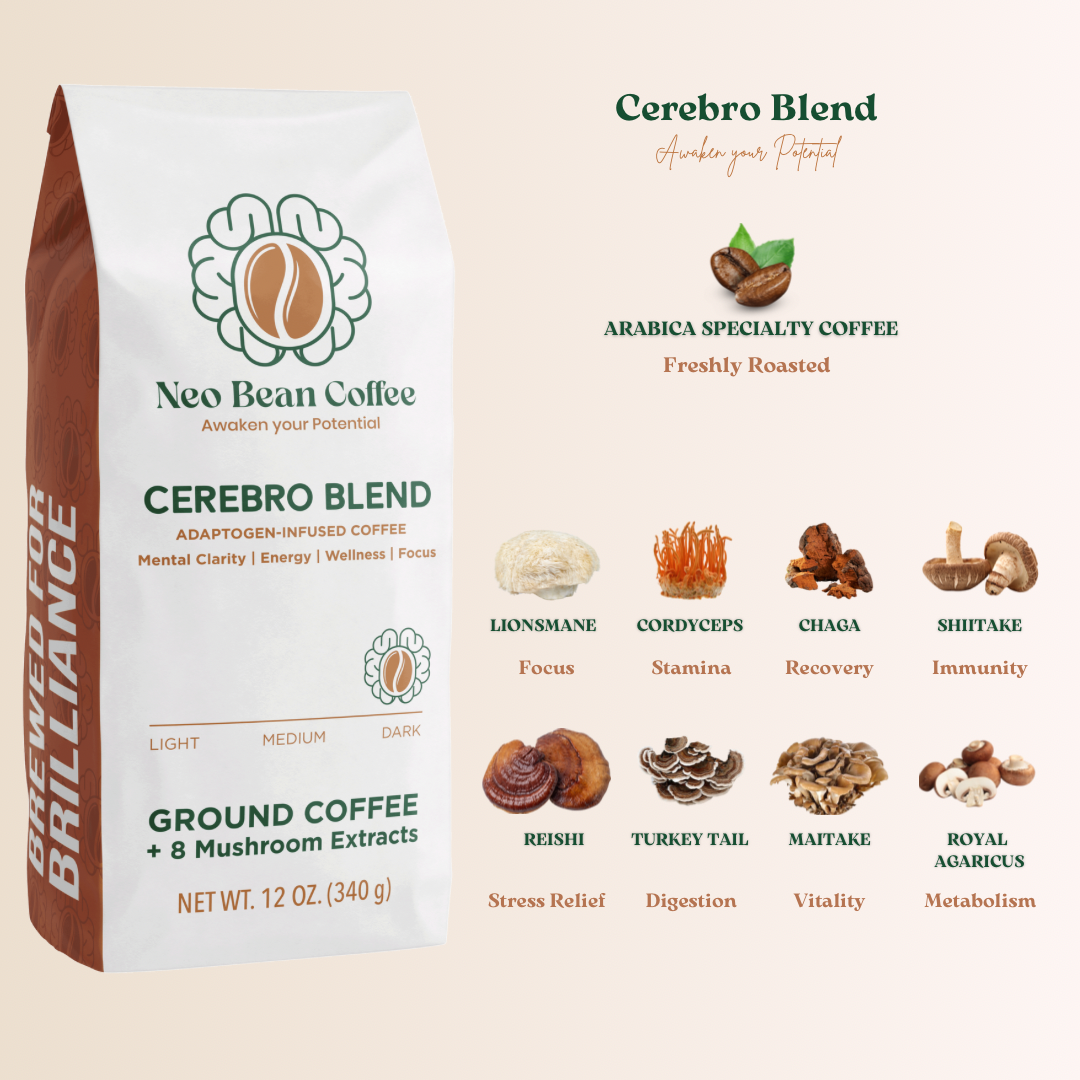 Neobean Cerebro Blend - Mushroom Coffee - Specialty Coffee with 8 Adaptogens