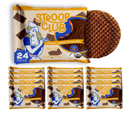 Stroop Club Chocolate Caramel Plant Based and Organic Stroopwafels Box - 12 packs x 2-pack case