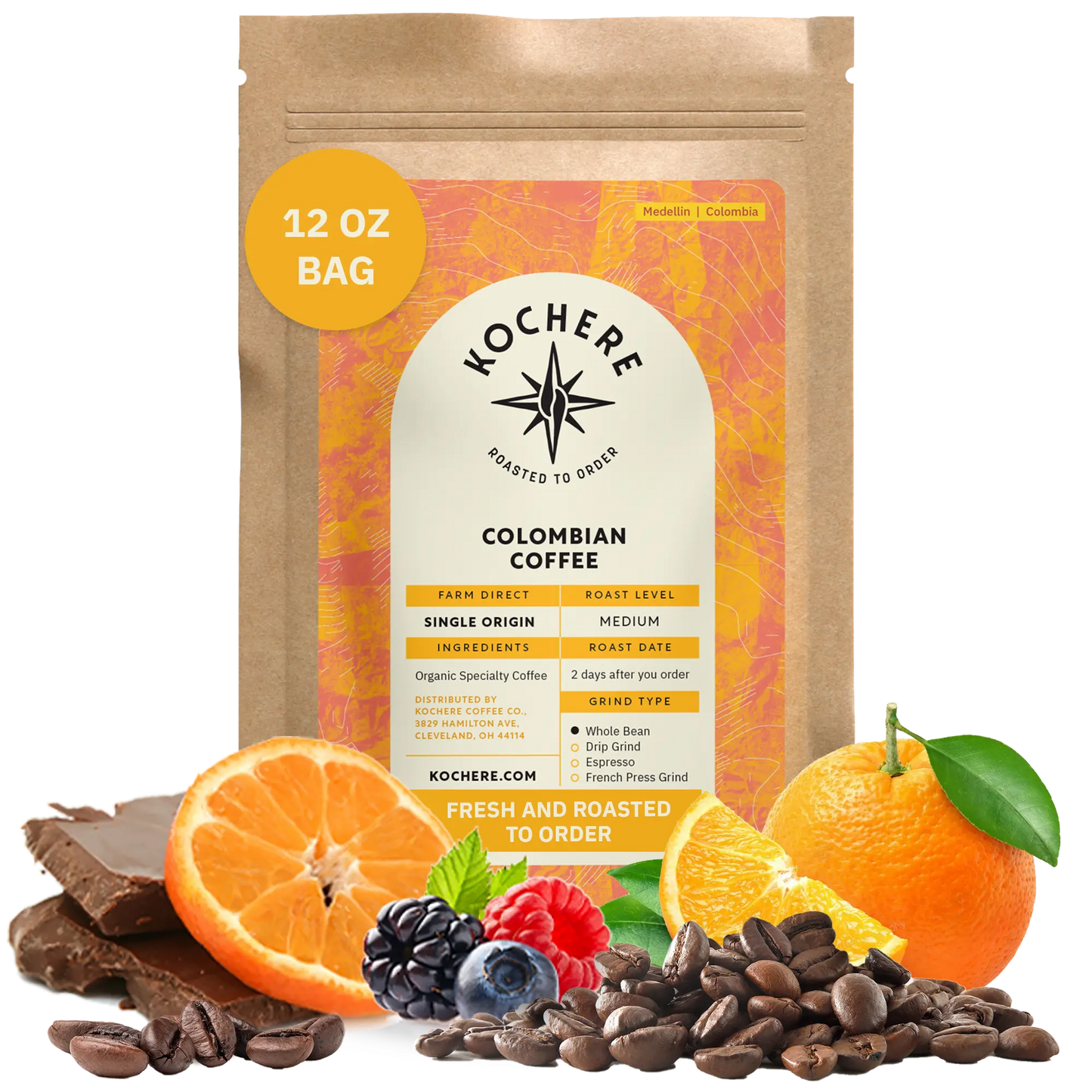Kochere Coffee Colombian Medellin Single Origin Medium Roast - Dried Orange, Berry Notes