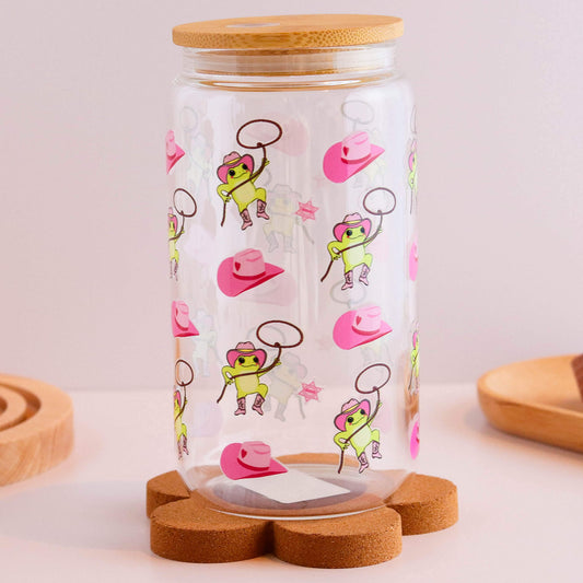 Cowgirl Frog 16 oz Glass Cup Set