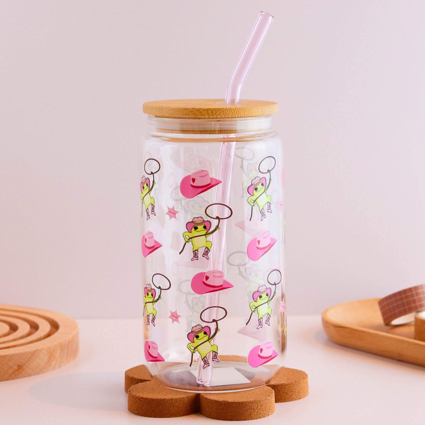Cowgirl Frog 16 oz Glass Cup Set
