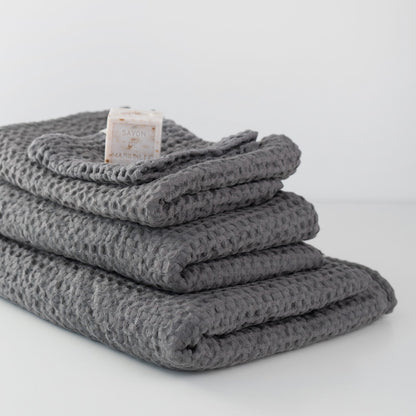 Linen Tales Dark Grey Linen & Cotton Honeycomb Waffle Towel Set