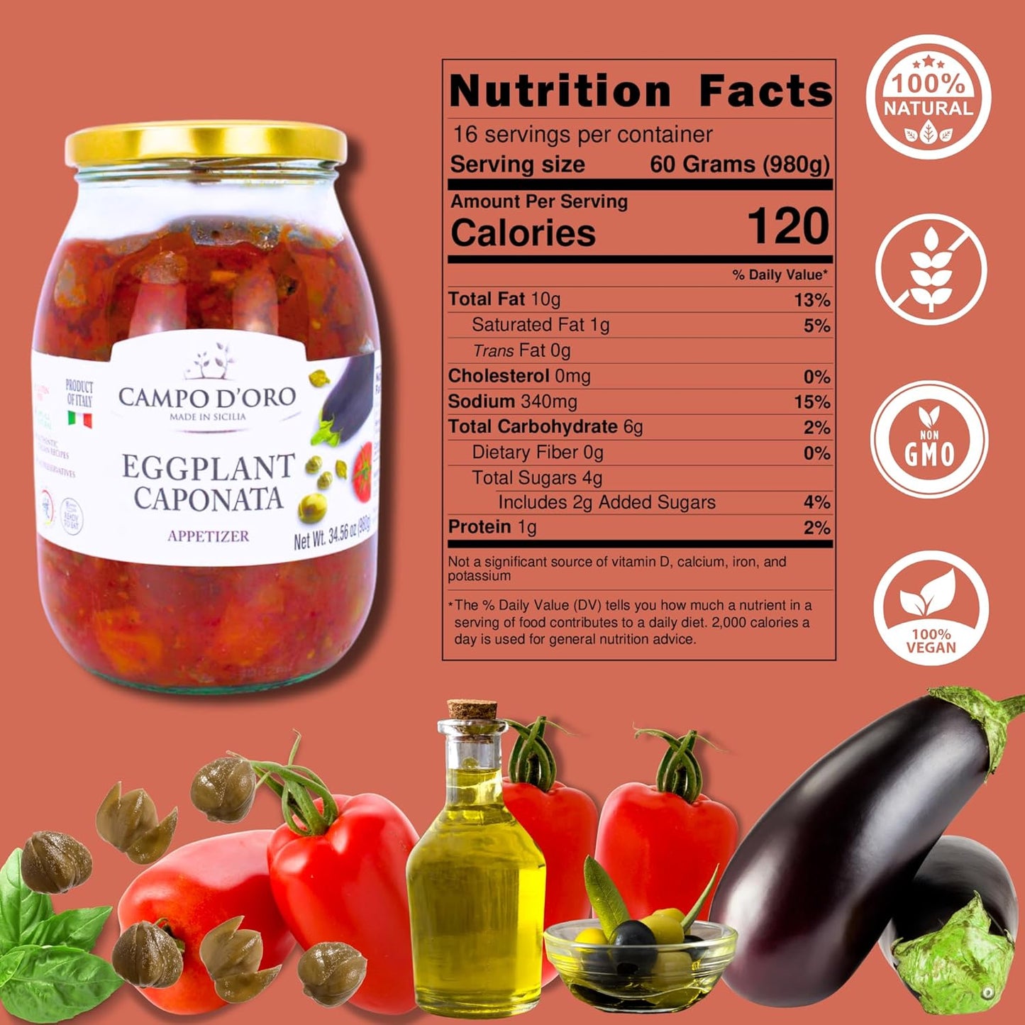 Campo D'Oro, Sicilian Eggplant Caponata, Appetizer, Big Jar, 34.5 oz