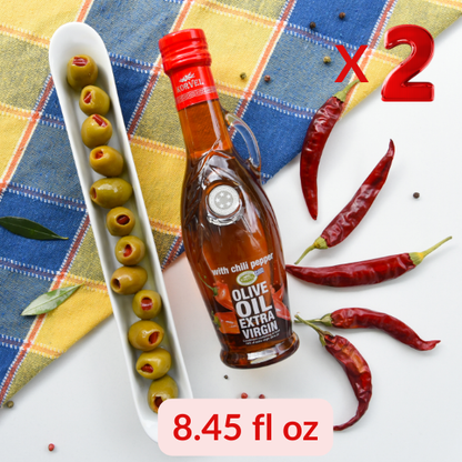 KORVEL Greek Extra Virgin Olive Oil with Chili Pepper, Amphora 8.45 fl oz (250ml) - 2 pack