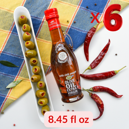 KORVEL Greek Extra Virgin Olive Oil with Chili Pepper, Amphora 8.45 fl oz (250ml) - 6 pack