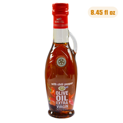 KORVEL Greek Extra Virgin Olive Oil with Chili Pepper, Amphora 8.45 fl oz (250ml)