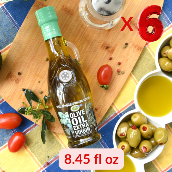 KORVEL Greek Extra Virgin Olive Oil with Mediterranean herbs, Amphora 8.45 fl oz (250ml) - 6 pack