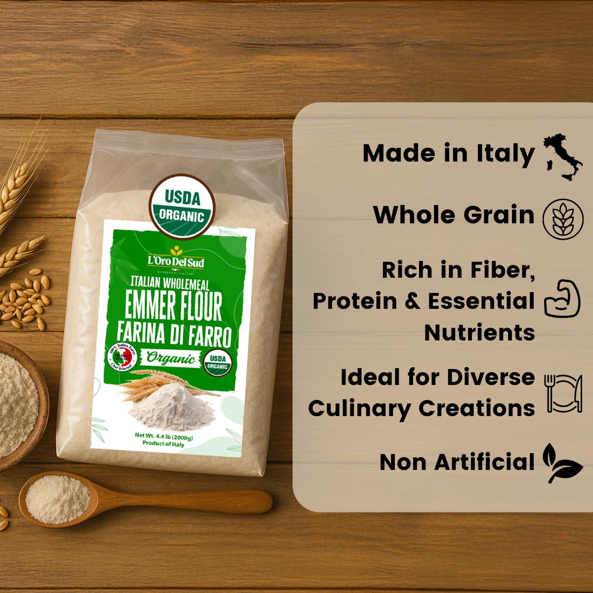 L'Oro Del Sud, Organic Emmer (Farro), (2 kg) 4.4 lb